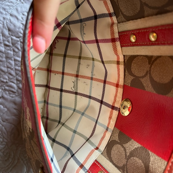 Coach Signature Monogram Orange and Tan Patent Leather Tote Shoulder Bag Y2K - Picture 6 of 13